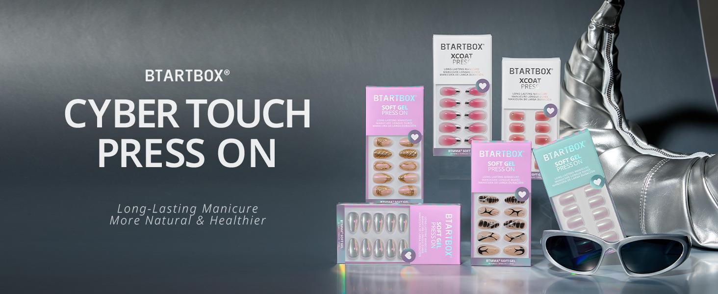 BTArtbox French Tip Press On Nails - Lamp-Curable Blush Red Almond Press On Nails with Glue for Women, Silver Outline Soft Gel Glue On Nails in 15 Sizes - 30 Stick On Nails Kit, Lolita Razor