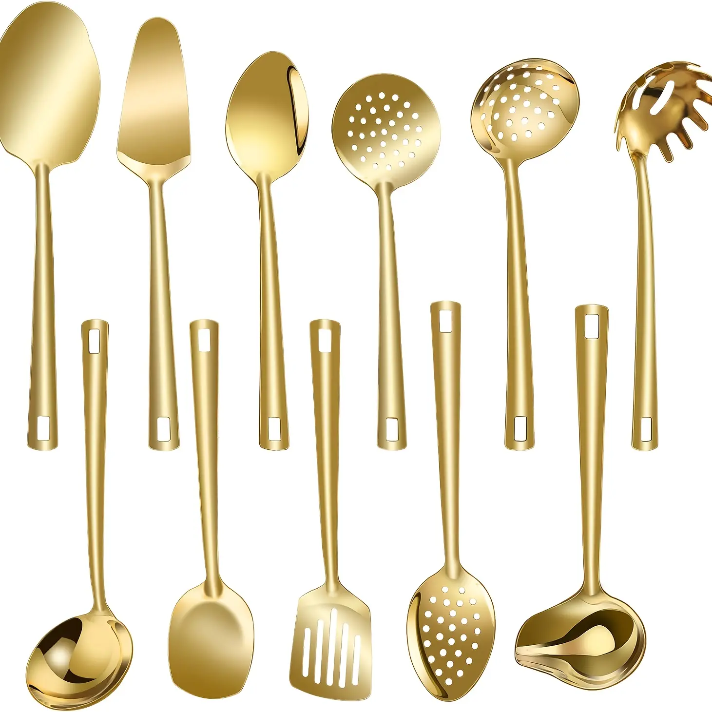 11PCS Gold Stainless Steel Kitchen Utensil Set | Food Grade Cooking Utensils | Heat Resistant Spoon Spatula Ladle Skimmer Pasta Server | Kitchen Gadget Set