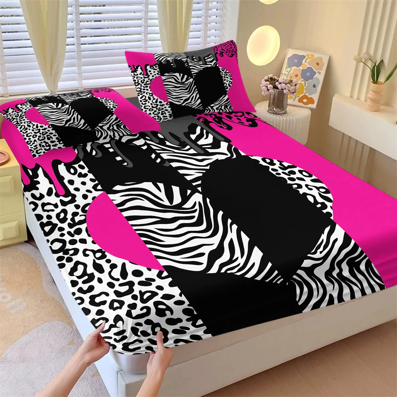 Y2K Aesthetic Hot Pink Animal Print Fitted Sheet Set, Bedding Set, Include One Bedspread and Two Pillowcases, Leopard Zebra Patchwork Design Mattress Cover, Suitable for Bedroom, Dorm, Guest Room
