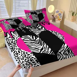 Y2K Aesthetic Hot Pink Animal Print Fitted Sheet Set, Include One Bedspread and Two Pillowcases, Leopard Zebra Patchwork Design Mattress Cover, Suitable for Bedroom, Dorm, Guest Room
