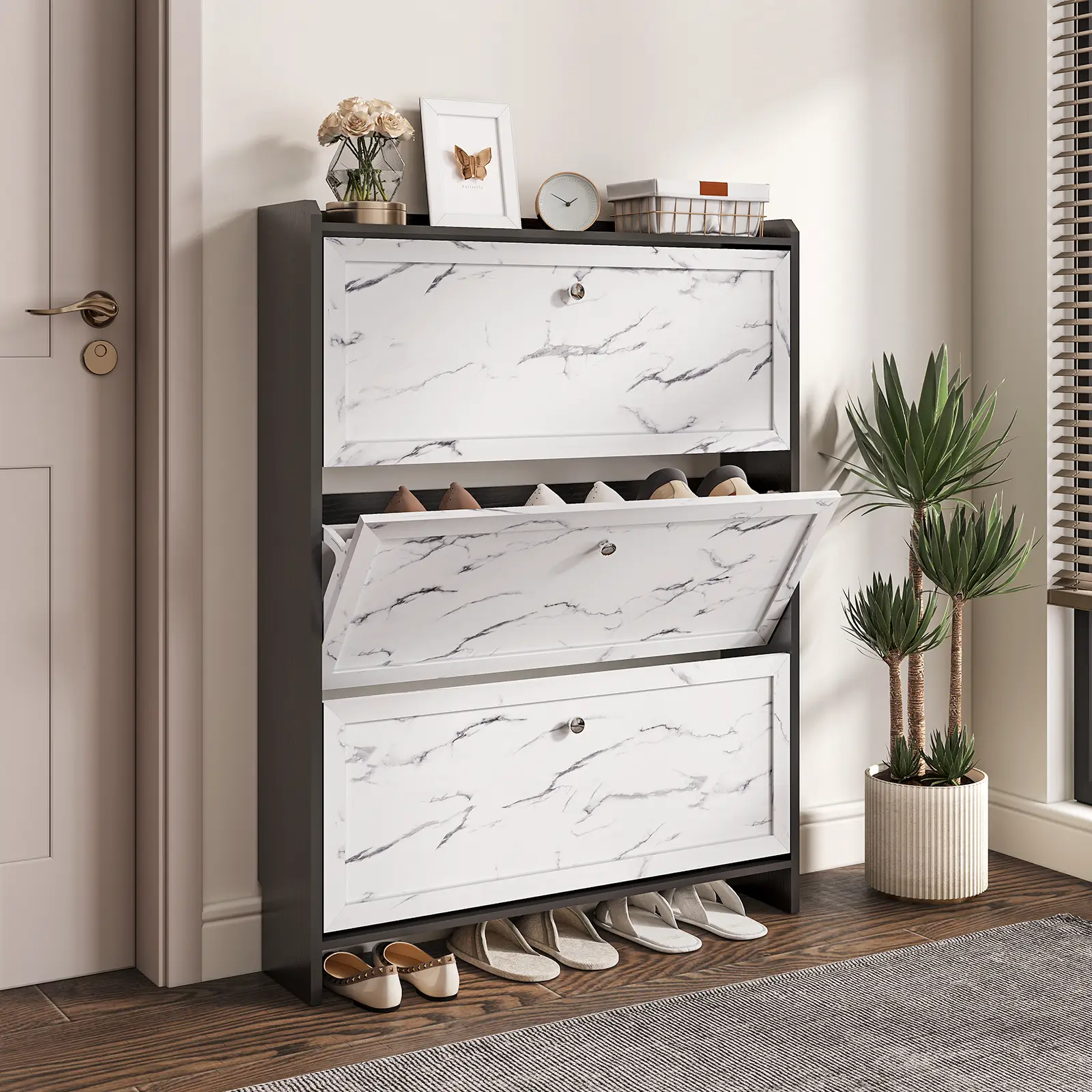 SULIVES Marble Shoe Cabinet: Elegant veneer finish, exquisite metal handles, and breathable semi-open design ensure enhanced air circulation for dryne