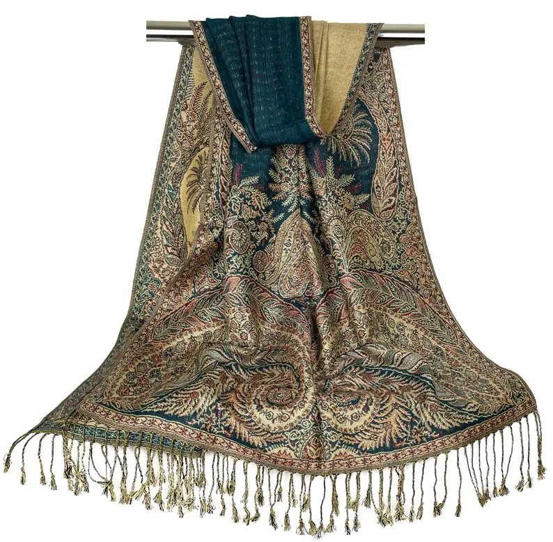Reversible Emerald Green Golden Scarf for Women | Teal Gold Festival Scarf Reversible Shawl | Wedding Pashmina Wrap