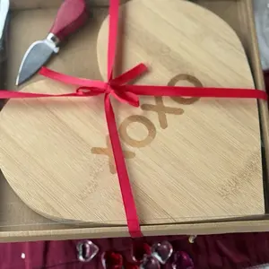 Heart-Shaped Bamboo Cutting Board with XO Engraving and Red Ribbon Gift Set for Valentine's Day