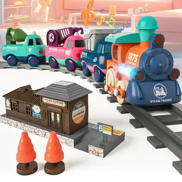 【Kids' Gifts】Playfulpick Electric Toddler Train Set - Real Track Sounds, Lights, Music, Magnetic Connection, Science Transportation Toy, Indoor First Railway Toy, Requires AA, Birthday Gifts for Boys & Girls