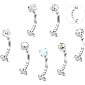 7 count Floating  Button Ring for Women  Surgical Stainless Steel  Rings Internally Threaded CZ Opal Long Bar Navel Barbell Flat   Piercing 8 10 12 14 16MM