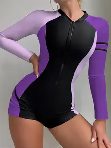 Women's Colorblock Zip Up Raglan Sleeve Diving Suit, Breathable Comfy High Stretch Long Sleeve One-piece, Professional Diving Suit for Women Swim Bodysuit