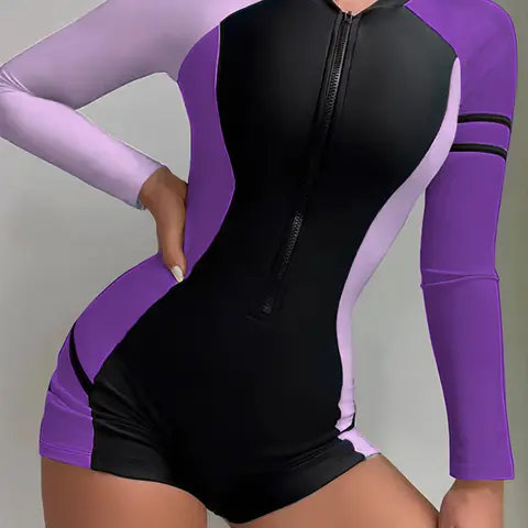 Women's Colorblock Zip Up Raglan Sleeve Diving Suit, Breathable Comfy High Stretch Long Sleeve One-piece Swimsuit, Professional Diving Suit for Women, Stretchy Swimwear, Swimming Suit