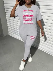 Printed pattern Women's Tee & Skinny Pants Two-Piece Set, Womenswear Casual Fashion Cozy Round Neck Short Sleeve T-Shirt & Trousers for Daily Outdoor Wear, Ladies Summer Clothes, Spring