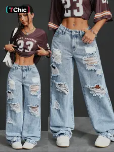 Women's 2026 New Denim Jean Ripped Design Trendy Fashion Wide Leg Pants Straight Tube Washed Craft Long Trousers