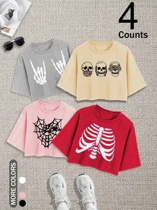 4-Piece Set, European Style Casual Round Neck Short Sleeve Top, Fashion Skull Print, Perfect for Outdoor, Shopping, Summer Comfort
