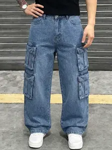 Men's Blue Vintage Washed Loose Straight Leg Jeans with Pockets, Multi-Pocket Workwear Pants, No Stretch Street Casual Fashion Essential
