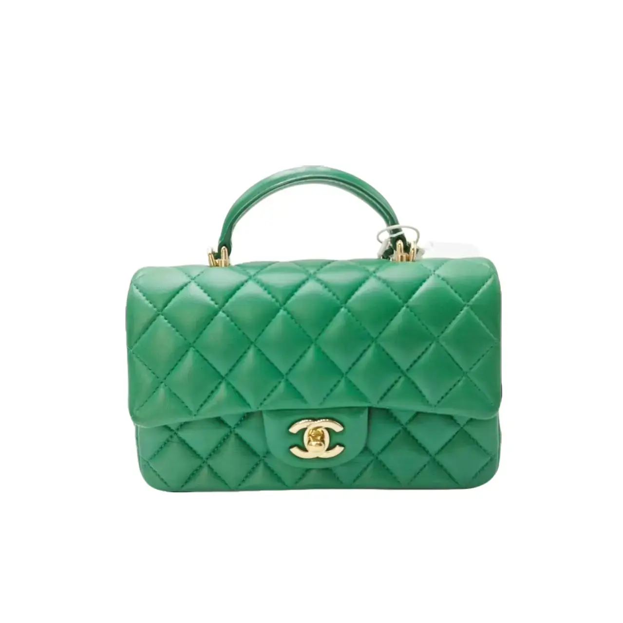 Pre-owned CHANEL leather Crossbody Bags Green Lambskin Diamond Quilted Mini Top Handle Classic Flap Shoulder Crossbody Bag Gold Interlocking CC Turn Lock Hardware For Women