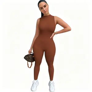 Women’s Summer Seamless Ribbed Fitted Athletic Jumpsuit, Tank Top Leggings Design, Suitable for Yoga and Fitness Activities