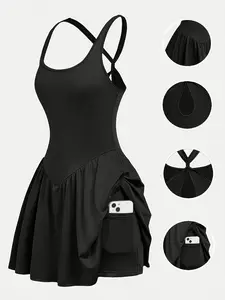 Women's Sleeveless Two-In-One Sporty Tennis Golf Dress, Fitness Workout Dress with Shorts Pockets, Waist Cinch Design, Dual Layer Lining Set, Workout Athletic Dresses, Tennis Sports Dress, Tennis Attire