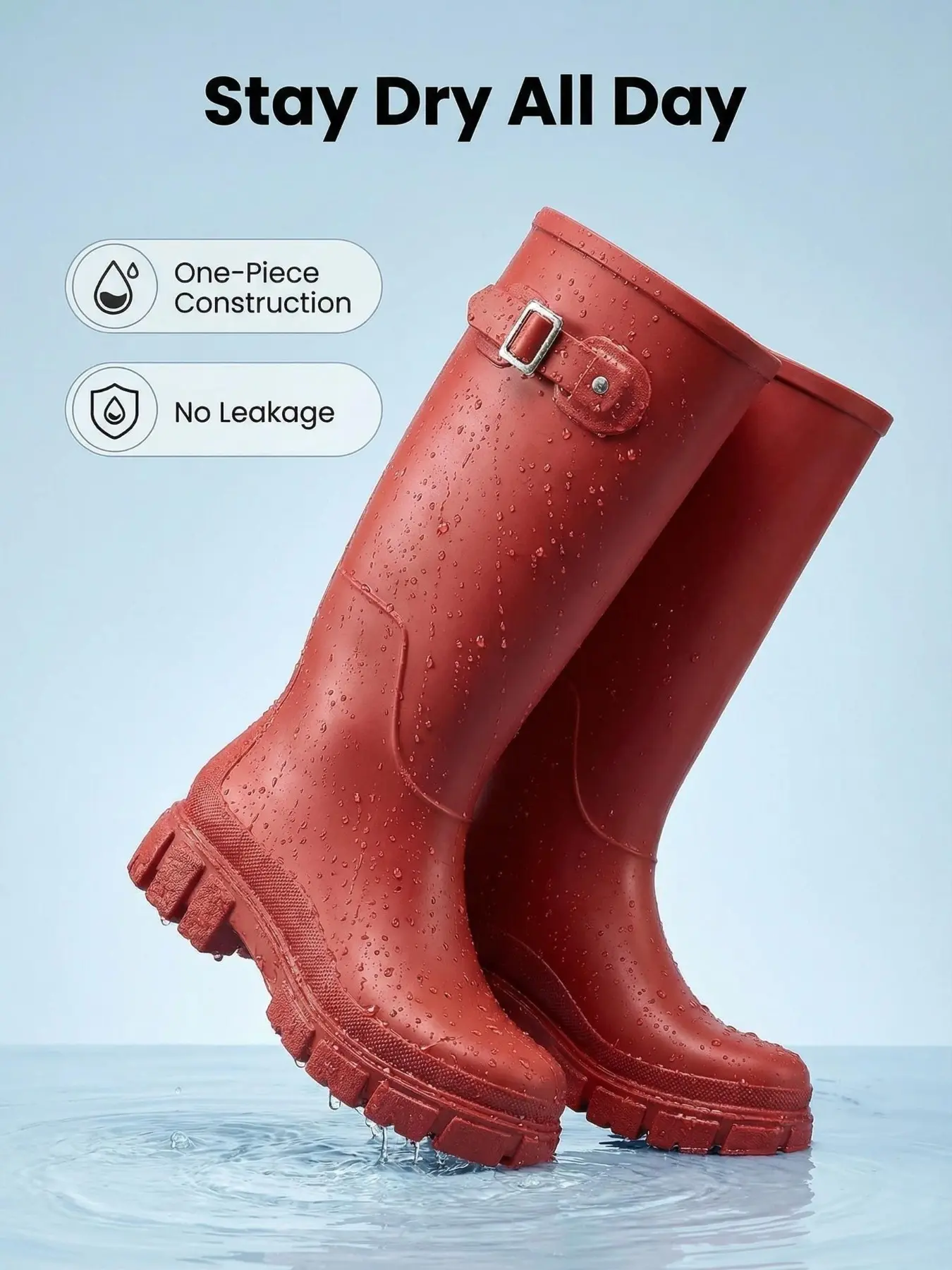 Women's Mid-Calf Rain Boots, Waterproof Anti-Slip Design, PVC Sole, Classic Style, Height-Boosting, Comfortable Insole, Round Toe, Size Up