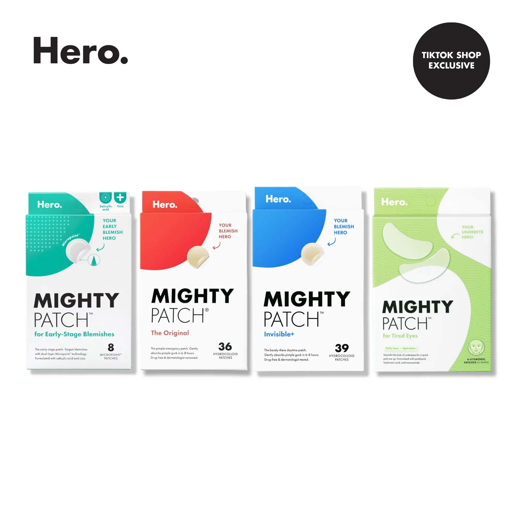 Hero Cosmetics Best Sellers Bundle, Mighty Patch Original, Tired Eyes, Invisible+, Early-Stage Blemishes Kit