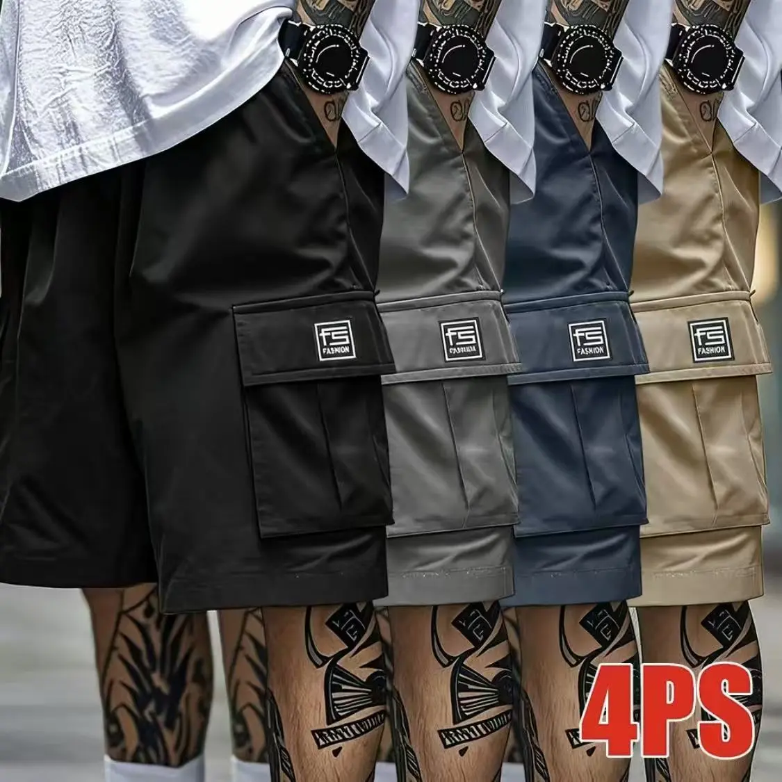 Men’s casual cargo shorts set featuring a drawstring waist, multiple pockets, patch labels, and a loose fit; lightweight street-style summer bottoms; men’s shorts set.