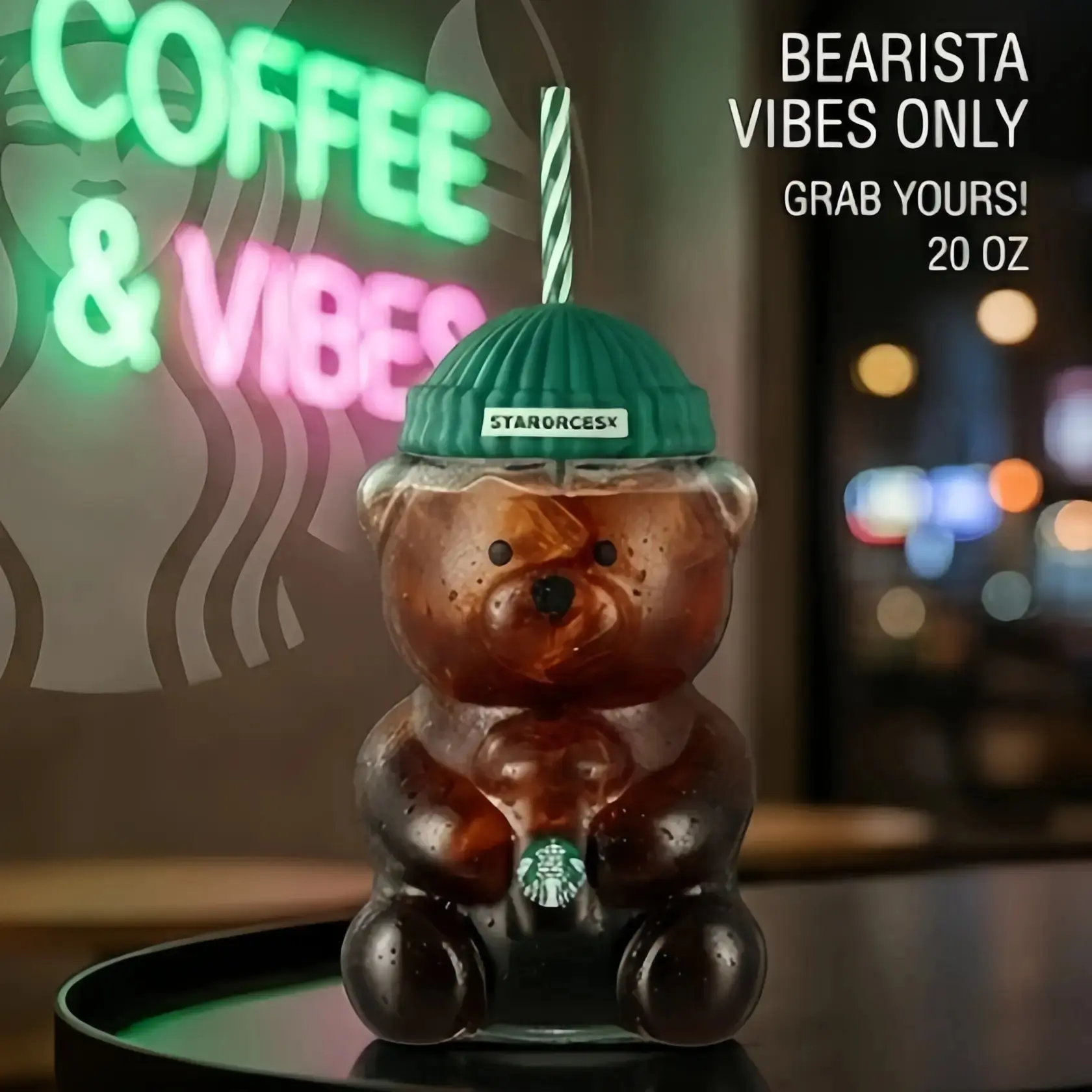 IN STOCK 2026 New Bearista Bear Sports Glass Water Bottle (590ml/20oz) - Aesthetic Kawaii Reusable Drinkware with Beanie Lid, Starbucks Bear Cup Compatible, Ideal for Girlfriend Gift, Party Supplies