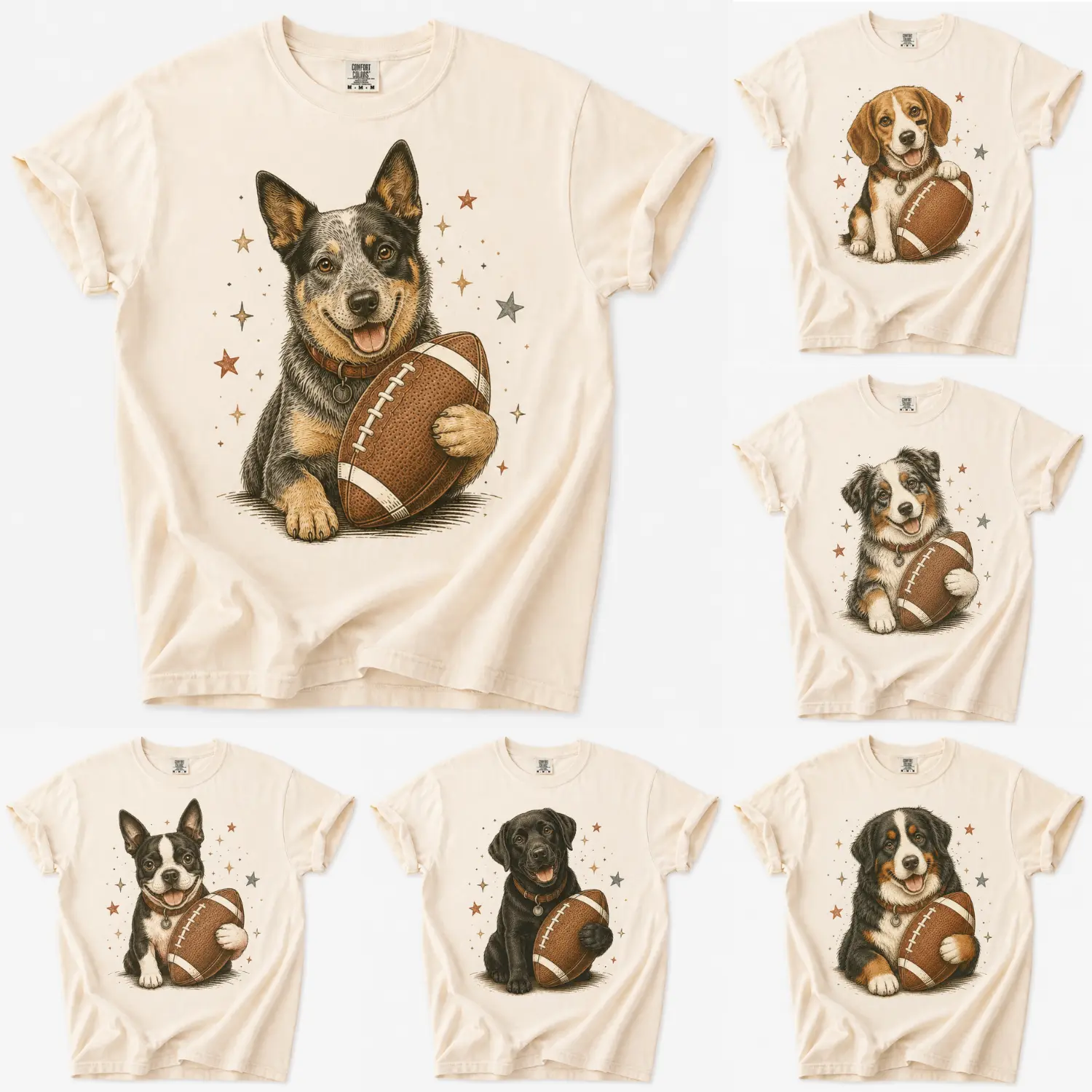 Comfort Colors Custom 50+ Dog Breeds Football Shirt, Personalized Puppy Game Day Tee, Cute Dog Lover T-Shirt, Fall Football Season Outfit, Gift for Pet Parents