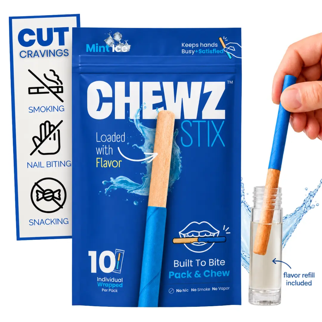 CHEWZ Chewable Stix Birchwood Mint Ice Long Lansting Flavor, Fidget Tool for Biting Holding Chewing — Sugar Free, Zero Calorie, Reusable Oral Sensory Stick, 10 Sticks Per Pouch