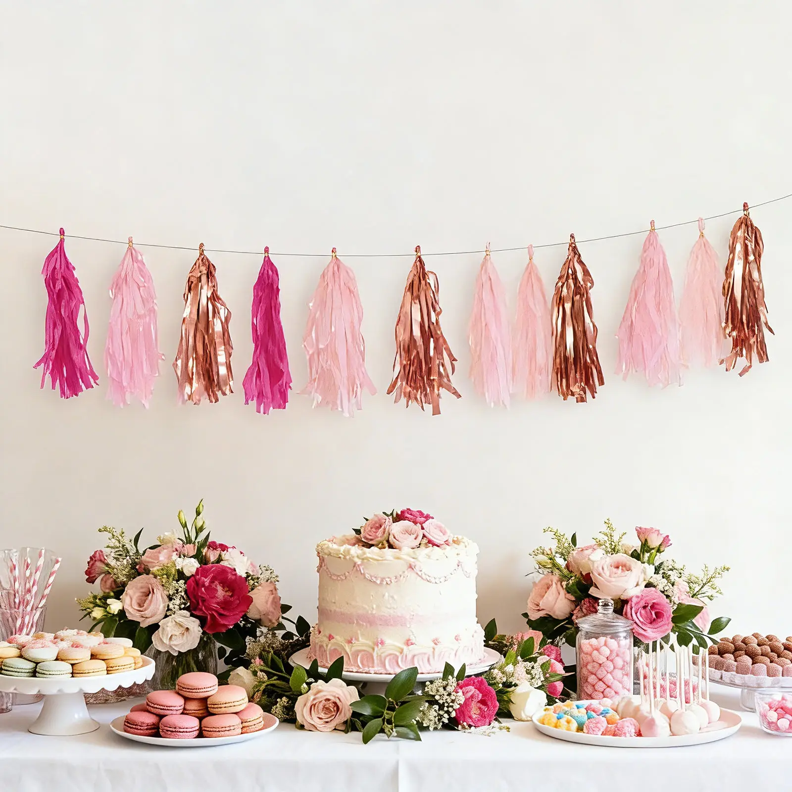 16-Pack Pre-Tied Paper Foil Tassel Garland, Home Decor Ornament, Wall Hanging Ornament, Ceiling Decoration - Pink & Rose Gold Pre-Tied Tassels, 10ft Hanging String for Birthday Party, Prom Nights, Baby Shower
