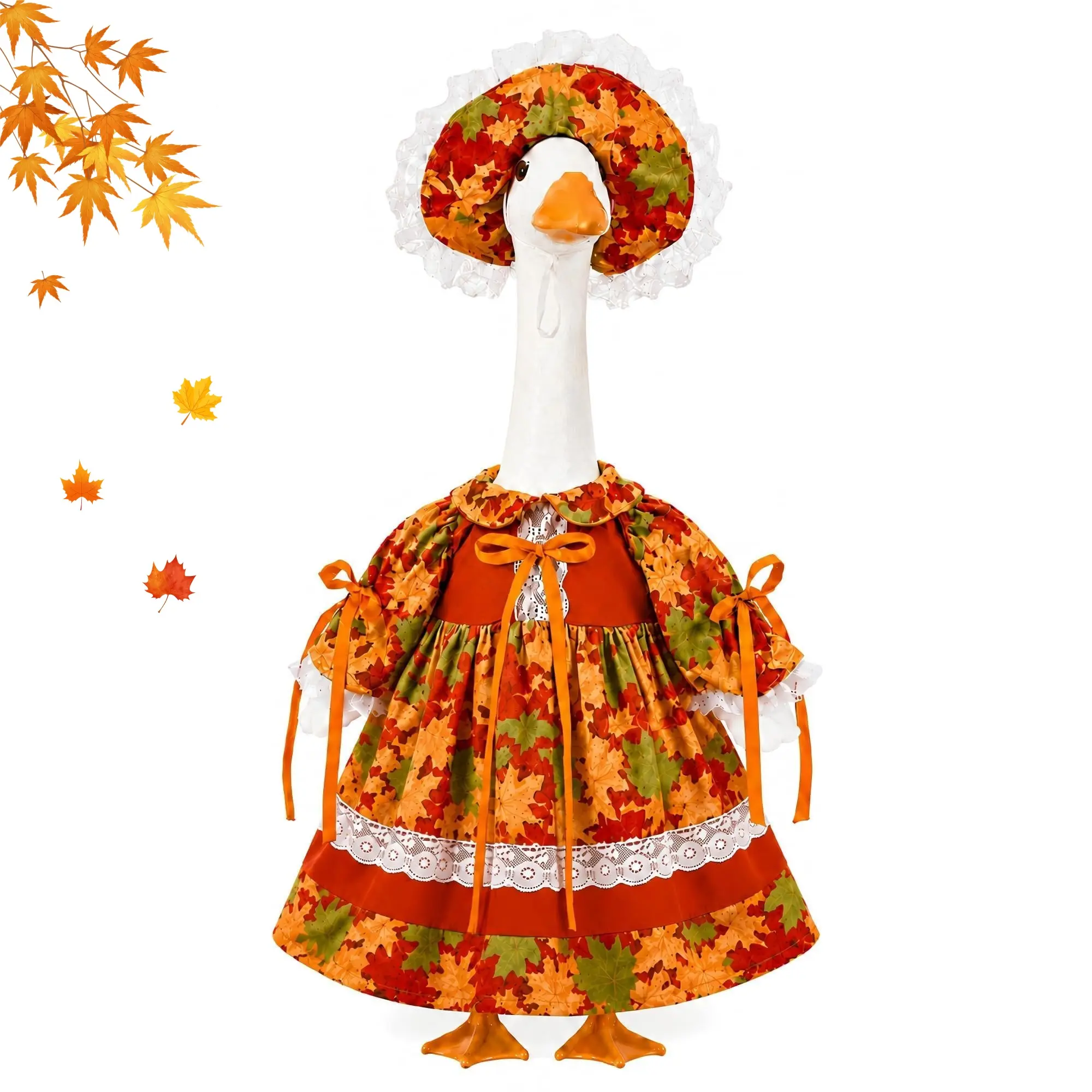 Fall Maple‑Leaf Porch Goose Outfit, Autumn Lace Trim Hat & Thanksgiving Floral Dress Fits 23 Inch Lawn Goose Statue Fall Yard Garden Decor Goose Not Included