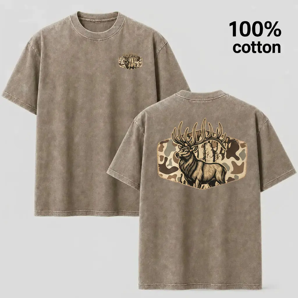 Vintage Elk Hunting Graphic T-Shirt - Retro Camo Deer Antler Heavyweight 100% Cotton Casual Outdoor Tee