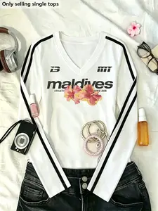 2026 Spring Summer New American Retro V Neck Long Sleeve T-Shirt, Maldives Letter Hibiscus Print, Slim Fit, Breathable, Casual Style
