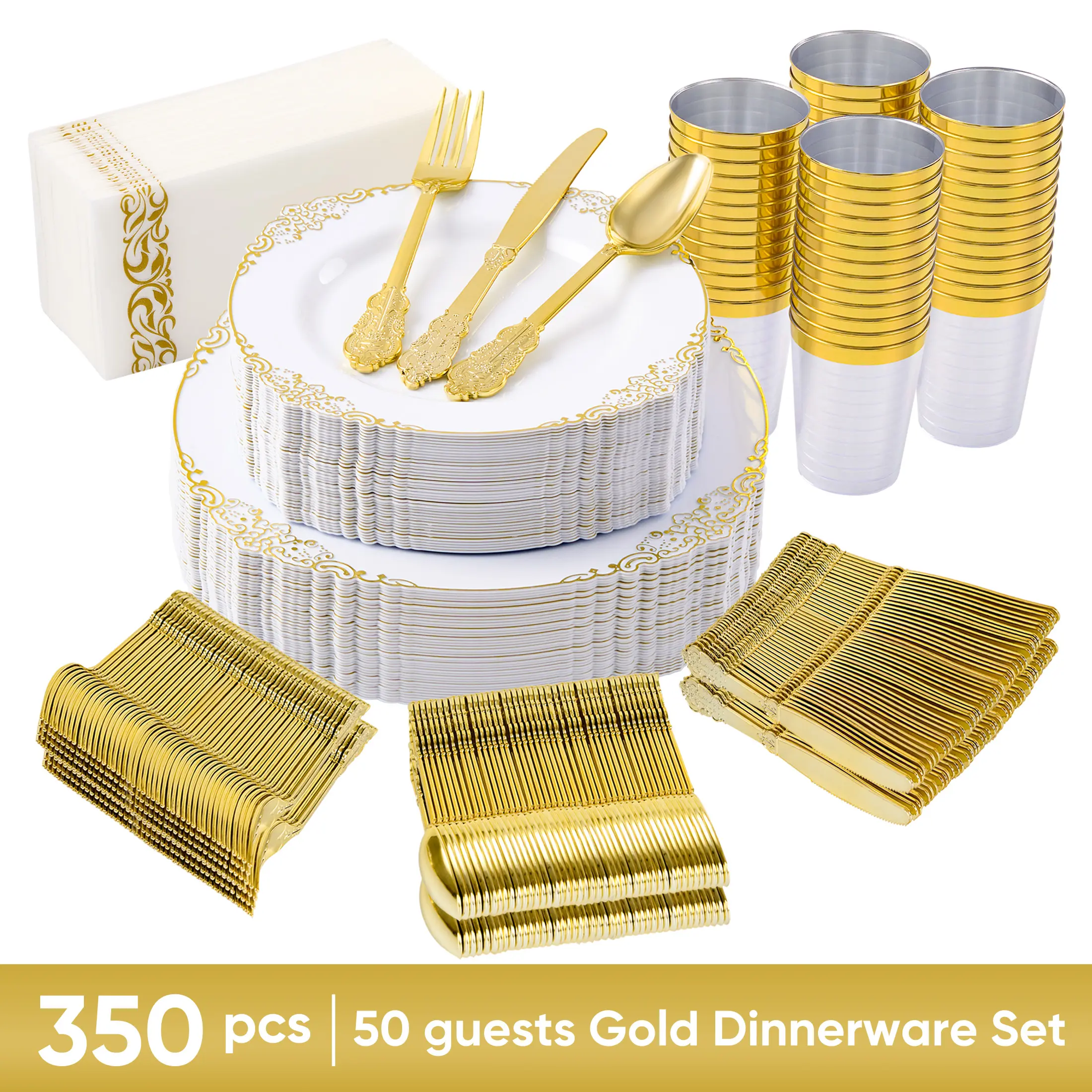 Disposable Plastic Dinnerware Set (350Pcs for 50 Guests) - Vintage Rim Plates, 10oz Rim Cups, Printed Napkins, Cutlery - Gold, Silver, Black, Blue, Pink for Wedding, Birthday Party Supplies bpa-free material