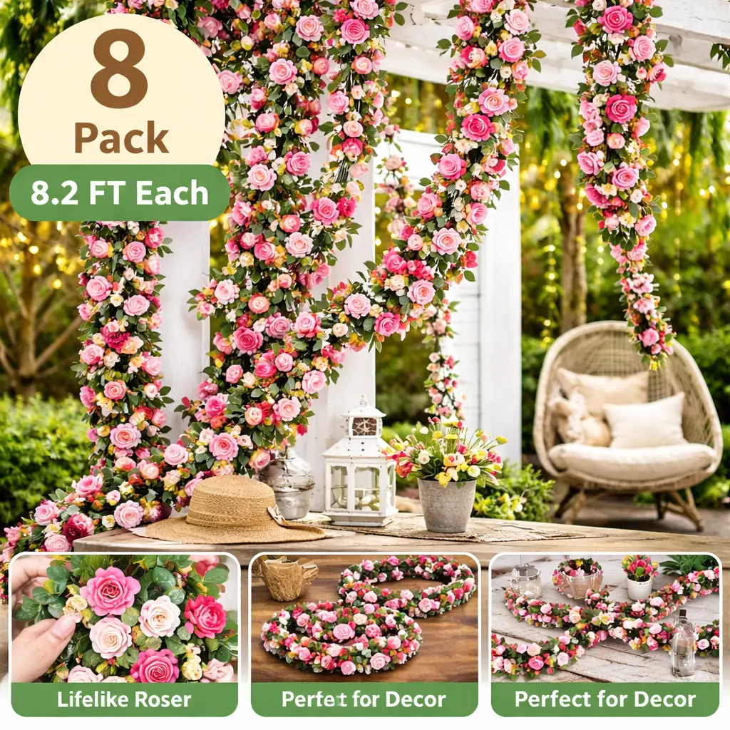 8pcs Removable Plastic Silk Fluffy Artificial Rose Vine Garland - 66ft Decor, 8.2ft Hanging Garland with Green Leaves for Wedding Wall Arch, Room Wall Decoration - Pink Flowers