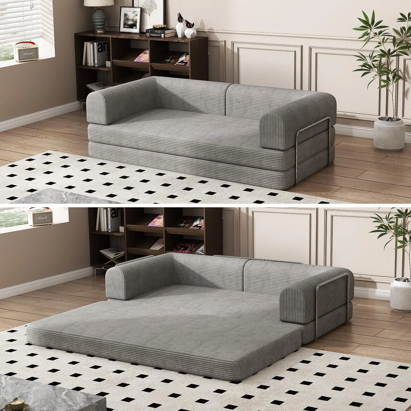 Grey Corduroy Sleeper Sofabed - 3-Seater King-Size Futon with Fixed-Shape Frame, High Density Foam Folding Mattress, No-Assembly Floor Couch for Living Room Gatherings (78.7"l x 78"w x 21.7", 78.7*39.4*29.6 in), 3-Seater Fold-Out
