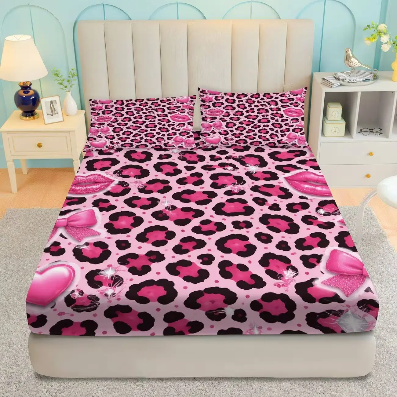 Leopard Print Bedding Set for Y2K Girls, Fitted Sheet + Pillowcases, No Pillow Inserts, Bedroom, Dorm & Rental