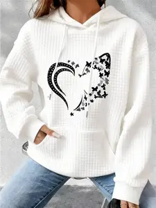 Waffle Knit Heart Butterfly Hoodie – Long Sleeve Drawstring Hooded Sweatshirt for Women,Loose Fit Casual Pullover with Kangaroo Pocket, Soft Waffle Texture Hoodie Top