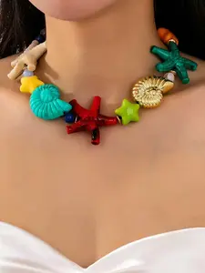 Boho Style Multicolor Necklace, Summer Beach Fashion Accessory with Starfish Motifs, Perfect for Vacations and Beach Parties, Ocean Theme Jewelry