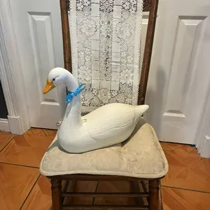 Mother Goose Center Piece - White Goose Decor with Blue Ribbon on Chair