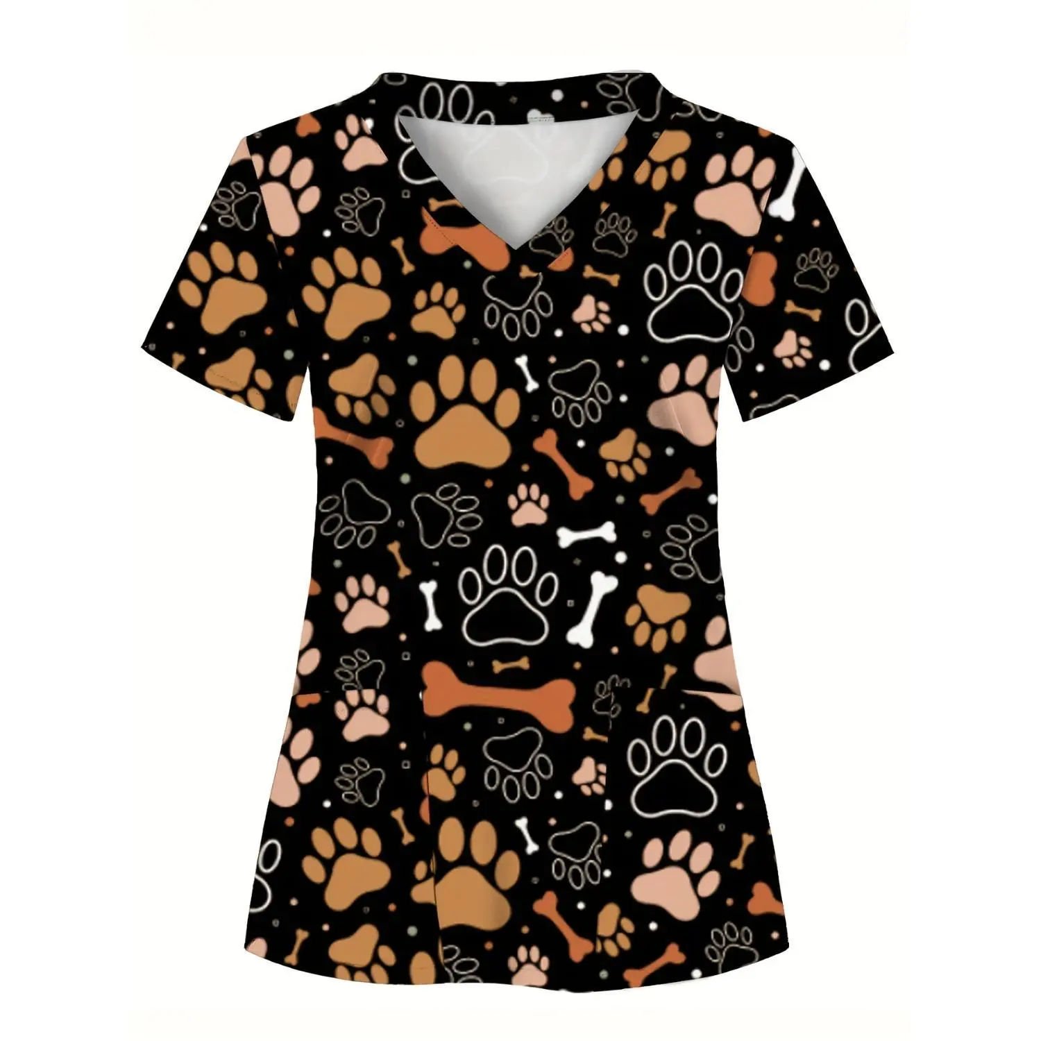 Women's Scrub Top with Dog Paw and Bone Print, 2 Pockets, Soft and Breathable Uniform for Healthcare Professionals - Ideal for Hospitals, Dental Clinics, Beauty Salons, and More
