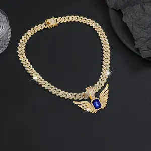 Hip Hop Angel Wing Pendant Necklace Cuban Chain Trendy Emerald  HipHop Necklaces for Men Women Fashion Unique Unisex  Jewelry Gifts