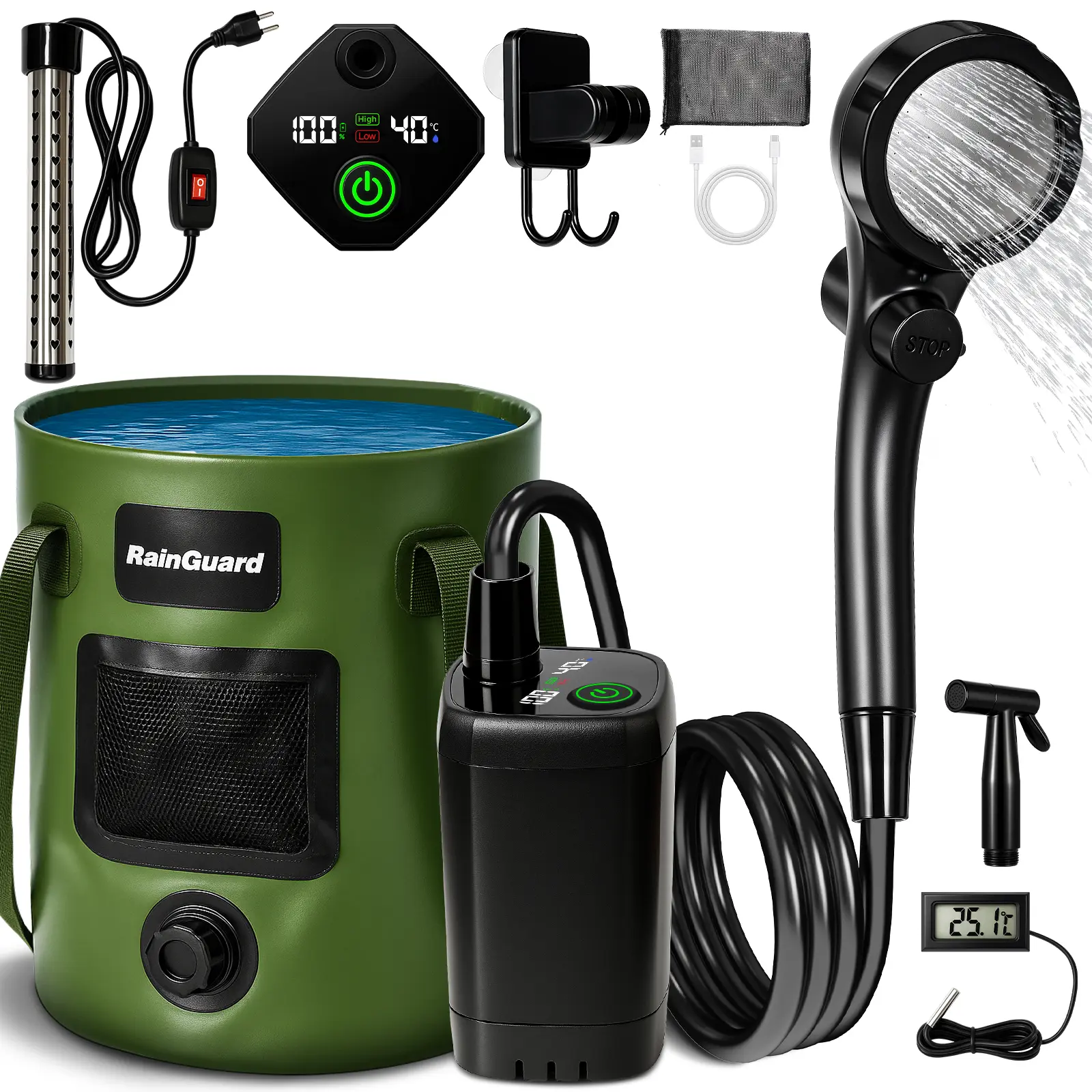 Portable Shower for Camping, 6000mAh Rechargeable Camp Shower Pump with Large Capacity Foldable Bucket, Filtered Shower Head, Outdoor Camping Shower Kit for Travel, Pet Bath, Car Washing
