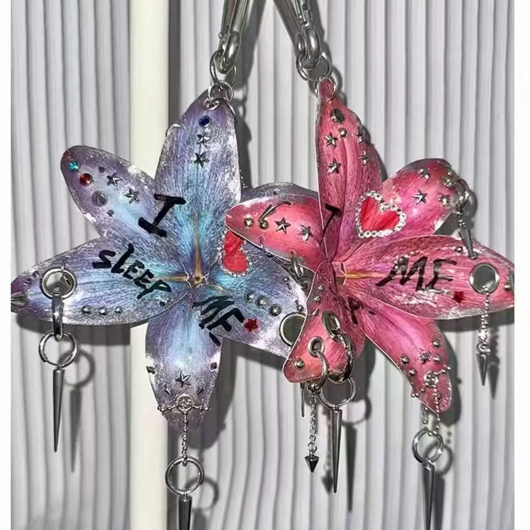 Y2K Cyber Grunge Hand-Painted Lily Keychain with Studs & Rivets, Alternative Fashion Bag Accessory