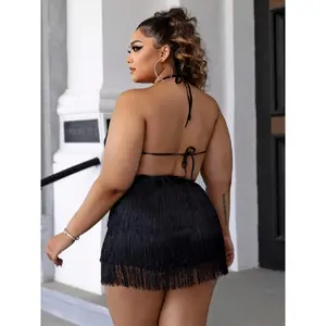 [LTO]Plus Size Fringe Tie Back Halter Cami Sleeveless Romper, Style, Casual Chic Tiered Layer Backless Romper, Rompers For Women, Jumpsuit For Women, Rompers For Summer, Ladies Clothes For Beach Party Vacation Christmas, Valentine'S Day Gift