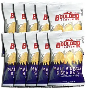 Boulder Canyon Kettle Style Potato Chips - Salted Malt Vinegar Flavor, Crispy Crunchy, Gluten Free Snack, 1.5 Oz Snack Pack, 10 Bags, Cupboard-Storable, 3-Month Shelf Life, 3 Months