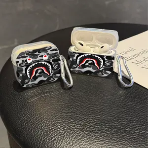 Camouflage shark head Protective Case Cover for Apple AirPods 1/2/3/4/Pro/Pro2 TPU Texture Lightweight and Durable Anti-Scratch Shockproof Earphone Charging Box Accessory With Buckle Durability