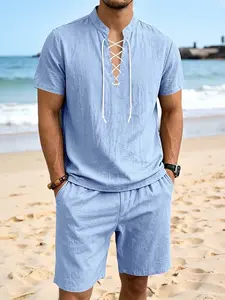 Men's Summer Linen 2-Piece, Lace-Up Henley Shirt + Shorts, Breathable Casual Set for Vacation & Daily Wear, Comfortable and Stylish
