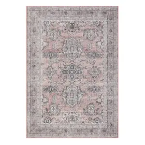 10x13 ft Soft Polyester Fiber Pink Rectangular Traditional Floral Area Rug with Flower Motif, Foldable, Washable, Ideal for Hallway, Bathroom & Indoor Use