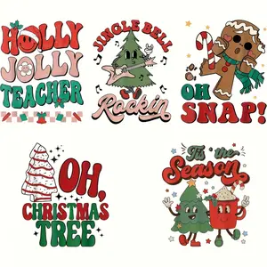 5 Piece Christmas Iron-On Heat Transfer Stickers, Festive Tree, Gingerbread Man, Happy Teacher, Rock Style, Durable Vinyl, Easy Peel & Stick