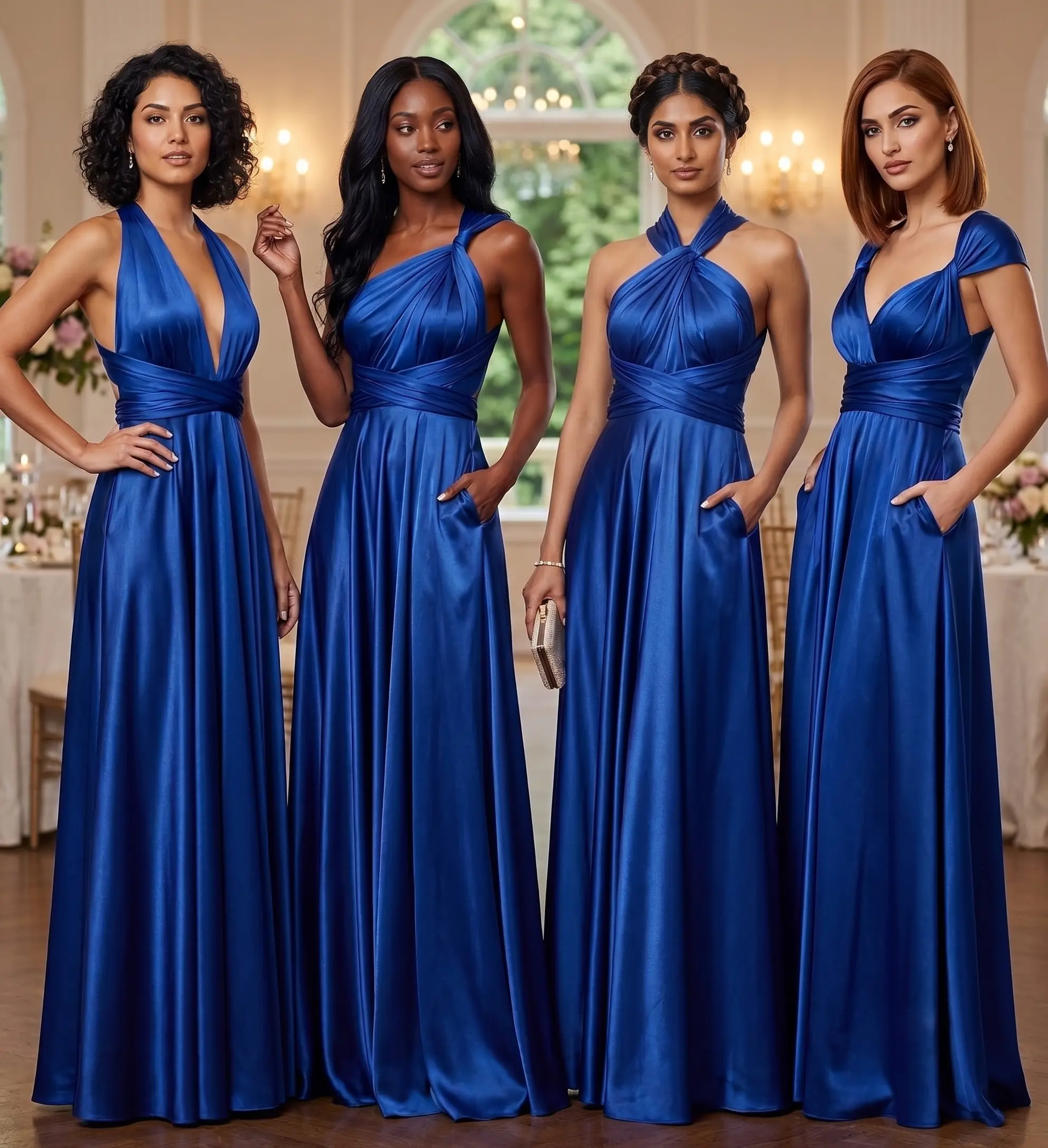 Women's Multiway Convertible Maxi Dress – Royal Blue Satin Infinity Long Sleeveless Bridesmaid Dress for Wedding Guest, Formal Evening Gown, Casual Party Dress, Maternity Friendly, Flattering Fit for All Body Types