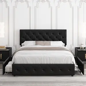 Queen Bed Frame with 4 Drawers & Adjustable Headboard, Bed Frame with Storage & Wooden Slats Support, No Box Spring Needed, Diamond Button Tufted Headboard & Foot Board, PU Leather Black