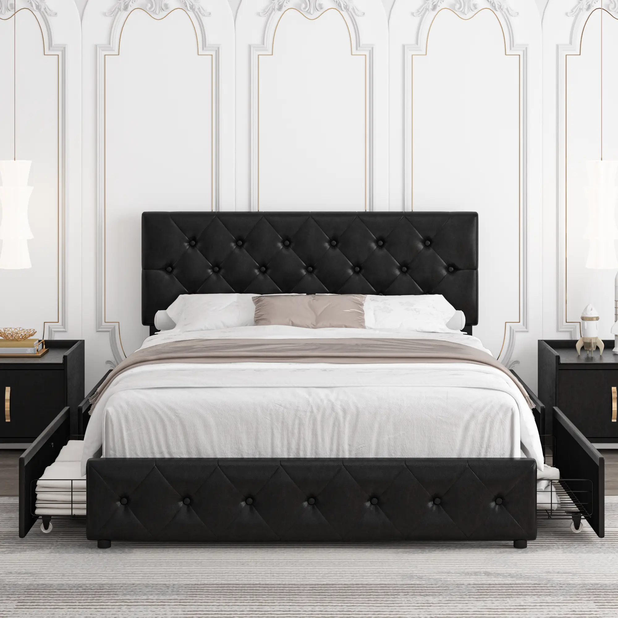 Queen Bed Frame with 4 Drawers & Adjustable Headboard, Bed Frame with Storage & Wooden Slats Support, No Box Spring Needed, Diamond Button Tufted Head