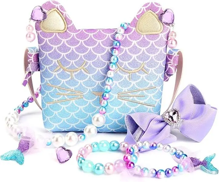 Pretend Play Purse & Playful Dress-Up Jewelry Set for Little Girls, Role Play Kids Accessories Gift for Ages 3-8