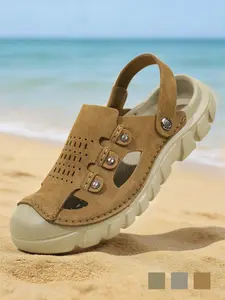 Men's Perforated Slingback Clog, Breathable Closed Toe Sandals, Non-Slip Two-Way Wear Slippers, Lightweight Vegan Leather Fisherman Shoes for Beach Hiking Travel, Retro Summer Athletic Outdoor Clogs, Big Size 11 12 13
